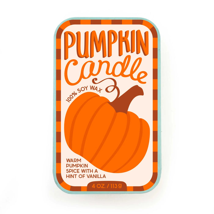 Rectangular Soy Wax Candle by The Neighborgoods in a reusable tin with a label featuring an orange pumpkin, the text Pumpkin Candle, and a scent description of warm pumpkin spice with a hint of vanilla.