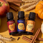 Three bottles from the Plant Therapy Pumpkin Harvest Essential Oil Blend Set—Apple Cider, Harvest Moon, and Pumpkin Spice—are displayed on a yellow surface surrounded by apples, pumpkins, cinnamon sticks, and wheat stalks. This inviting set captures the essence of autumn with its seasonal aromas.