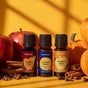 Three bottles of Plant Therapy Pumpkin Harvest Essential Oil Blend Set (featuring Apple Cider, Harvest Moon, and Pumpkin Spice scents) are surrounded by apples, pumpkins, and cinnamon sticks on a yellow background. This inviting display highlights the Pumpkin Harvest Essential Oil Blend Set from Plant Therapy—a delightful collection perfect for creating cozy autumn essential oil blends at home.