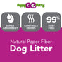 Puppy Go Potty’s Potty Natural Paper Fiber Dog Litter is super absorbent, 99% dust free, and controls odors safely. Made from natural paper fiber, it’s an eco-friendly alternative to puppy pads. Background showcases magenta and gray tones.