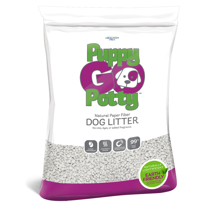 A bag of Puppy Go Potty Potty Natural Paper Fiber Dog Litter with text highlighting its earth-friendly, lightweight design, pet-safe odor control, low dust content, and the absence of inks, dyes, or added fragrances.