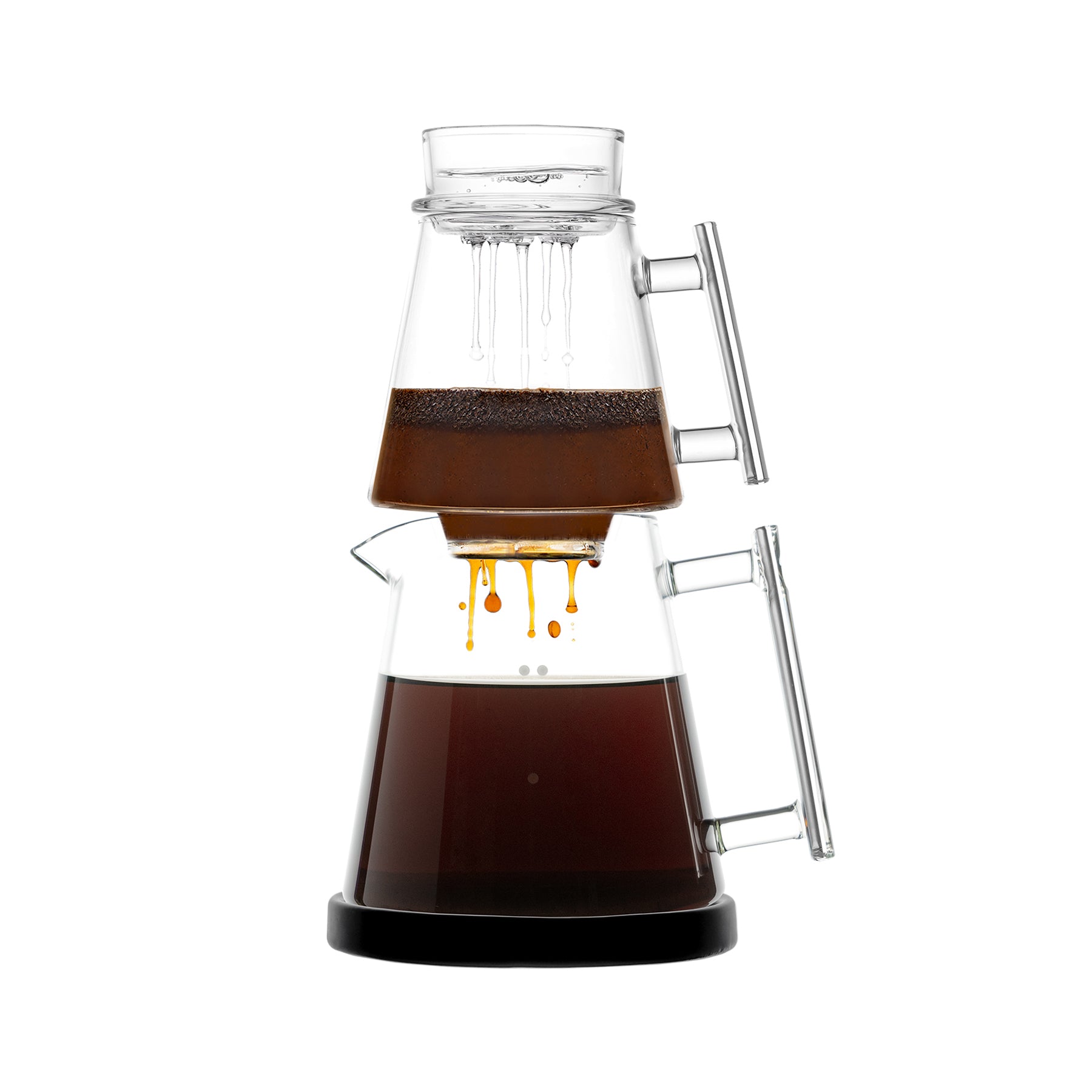 The Pure Over Brew Kit XL Coffee Maker features three stacked all-glass sections—top for water, middle for coffee grounds, and bottom carafe for brewed coffee—shown against a white background.