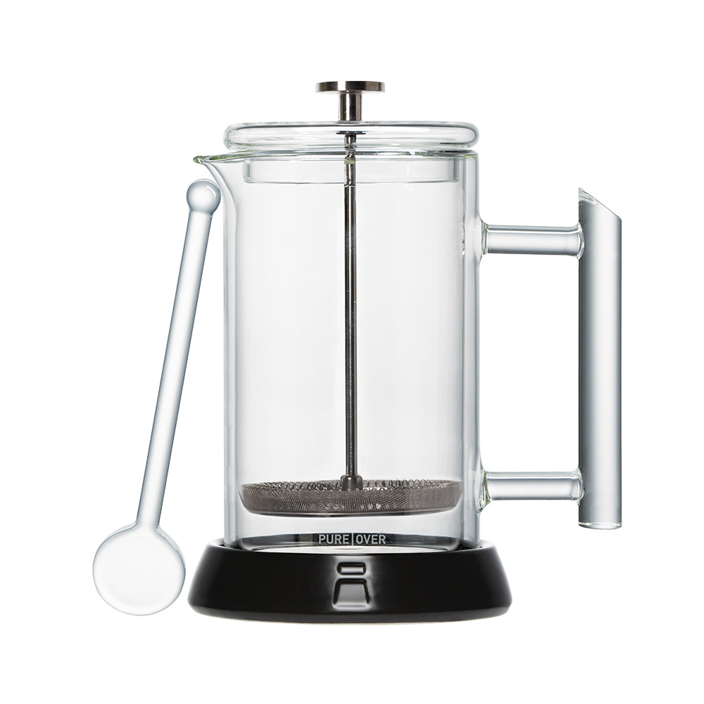 The Pure Over French Press Coffee Maker features borosilicate glass, a metal plunger, clear handle, matching glass scoop, and a black base labeled PURE OVER for rich coffee enjoyment.