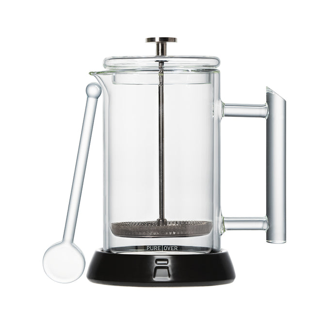 The Pure Over French Press Coffee Maker features borosilicate glass, a metal plunger, clear handle, matching glass scoop, and a black base labeled PURE OVER for rich coffee enjoyment.