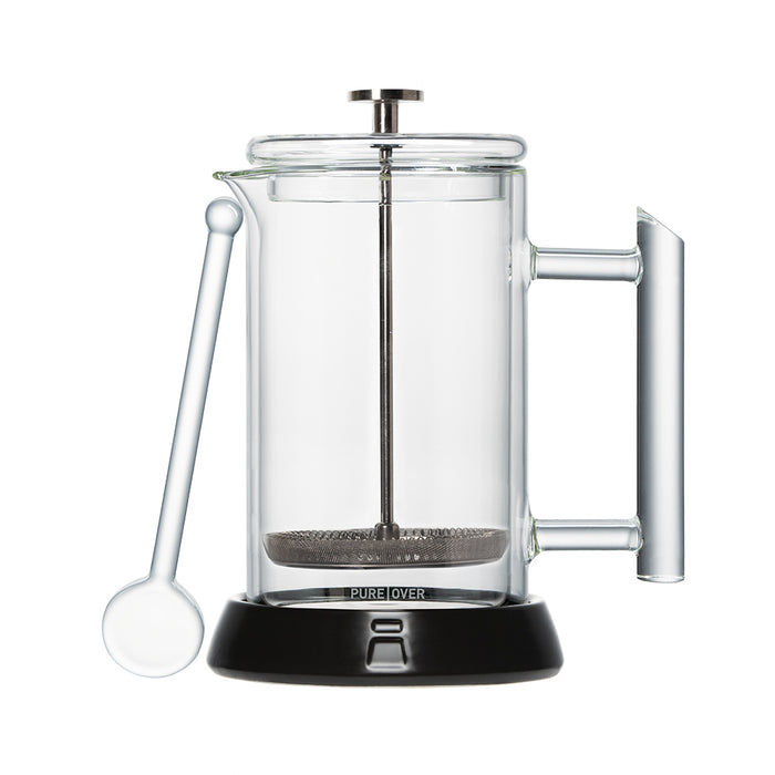 The Pure Over French Press Coffee Maker features borosilicate glass, a metal plunger, clear handle, matching glass scoop, and a black base labeled PURE OVER for rich coffee enjoyment.