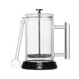 The Pure Over French Press Coffee Maker features borosilicate glass, a metal plunger, clear handle, matching glass scoop, and a black base labeled PURE OVER for rich coffee enjoyment.