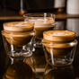 Three cortados with artistic foam designs sit on a reflective wooden surface, each in a clear 5 oz Pure Over Cortado Cup, perfectly showcasing the creamy coffee and milk layers beneath stunning latte art.