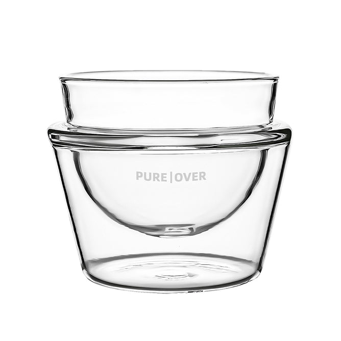 The Pure Over Latte Cup is a clear borosilicate glass coffee brewing vessel with a wide rim, rounded bottom, and 