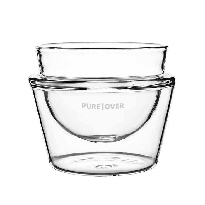 The Pure Over Latte Cup is a clear borosilicate glass coffee brewing vessel with a wide rim, rounded bottom, and "PURE | OVER" on the side, shown on a white background.