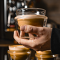 A hand holds a Pure Over Latte Cup made of clear borosilicate glass, filled with coffee, while more Latte Cups from Pure Over create a softly blurred background.
