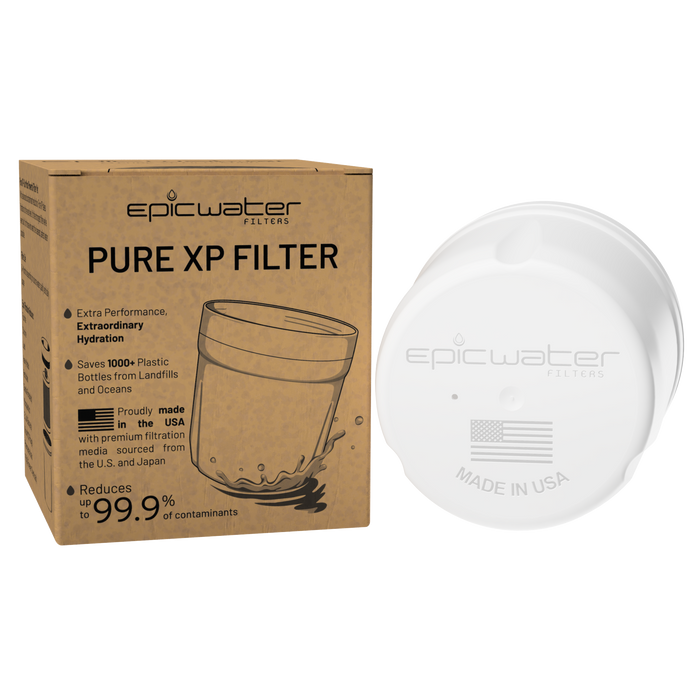 A brown Epic Water Filters USA Pure XP Replacement Filter box sits next to a white round filter. The box highlights benefits such as reducing up to 99.9% of contaminants with advanced filtration and saving over 1000 plastic bottles. The NSF certified filter is labeled Made in USA.