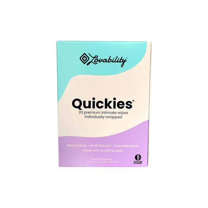 Lovabilitys Quickies Intimate Wipes feature 20 individually wrapped, vegan wipes in pastel green and pink packaging. These hypoallergenic wipes are moisturizing, pH-balanced, and include soothing aloe.
