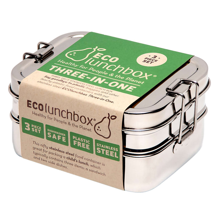 The EcoLunchBox Three-in-One Classic Stainless Steel Lunch Box features sturdy metal clasps, a modern design, and a beige-green label indicating it's dishwasher safe and plastic free—perfect for packing sandwiches and sides.