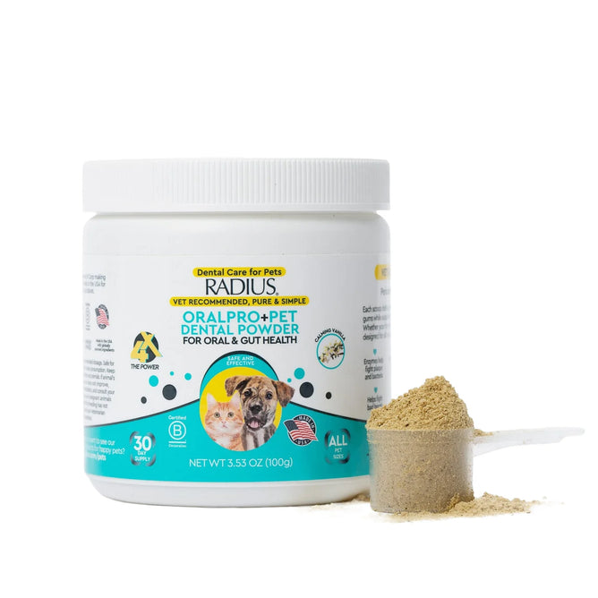 A jar of Radius OralPro+ Pet Dental & Gut Powder for Dogs & Cats is shown with a scoop of powder beside it. The label displays images of a dog and cat and emphasizes the advanced dental and gut health benefits this product offers for pets.