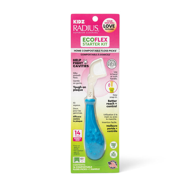 The Radius Kids EcoFlex™ Floss Pick Starter Kit with Handle comes packaged with a blue-handled kids floss pick and 14 compostable floss refills. The packaging features colorful text that highlights benefits such as cavity-fighting and compostability, and is designed especially for children.