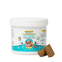 A white container of Radius OralPro+ Pet Dental & Gut Chew Sticks for Dogs features a dog image on the label. Two brown chew sticks are positioned in front of the container. The label promotes enzymatic plaque support and prebiotic gut health benefits for your pet.