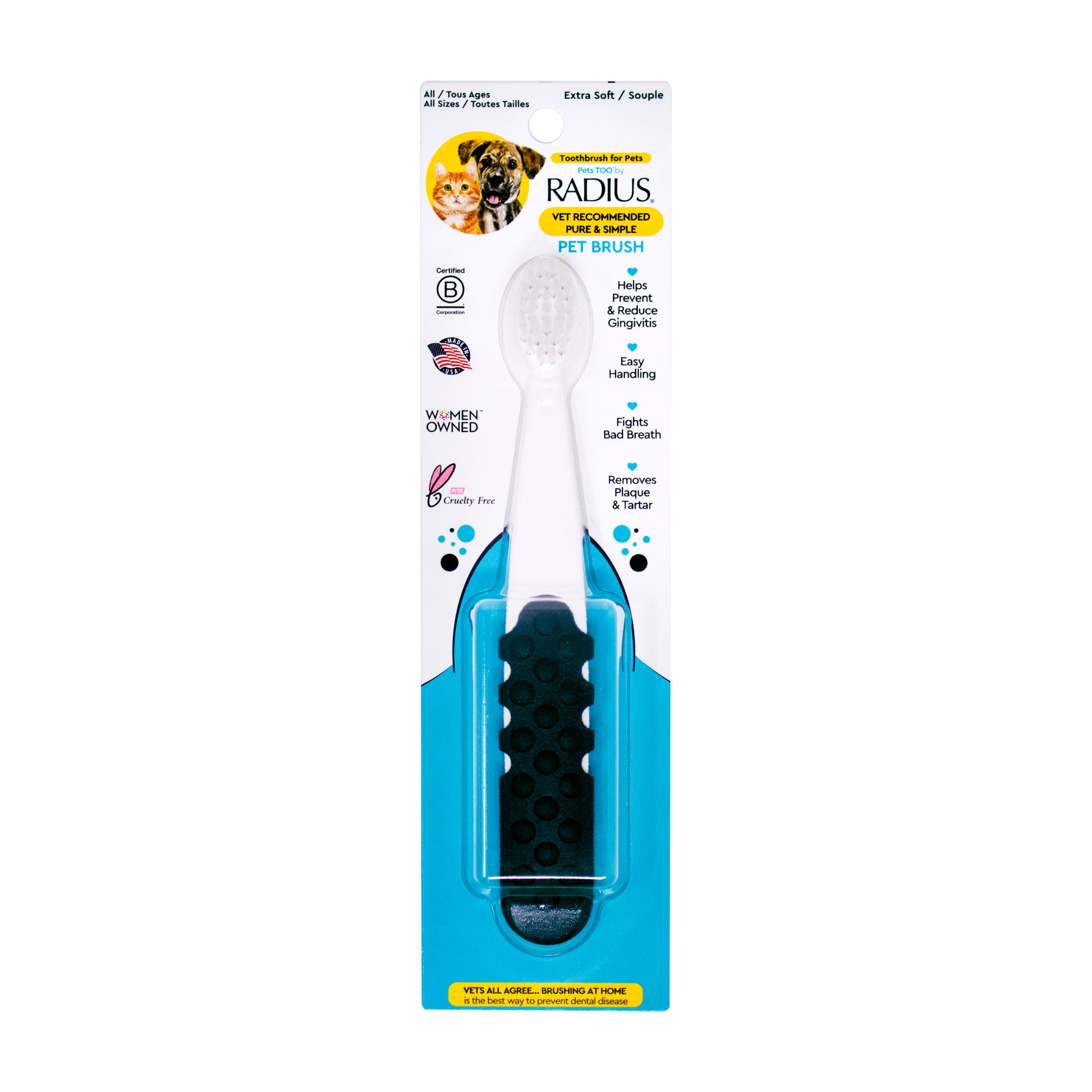 The Radius Pet Toothbrush, Lush & Plush, features a white handle and extra soft brush for pets. Its BPA-free package highlights an easy grip, tartar and plaque removal, odor control, vet recommendation, with a blue bottom section.