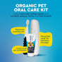The Radius Canine Organic Dental Solutions Kit, All Ages, 3 CT includes a premium toothbrush, travel dog dental gel, and a white recycled case. Blue background emphasizes its eco-friendly design and on-the-go oral care convenience.