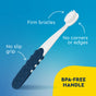 The Radius Pet Toothbrush, Lush & Plush, features a dark blue, no-slip, BPA-free handle and white firm bristles. Firm bristles, smooth edges, and no-slip grip are highlighted against a blue background.