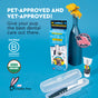 A display of Radius Canine Organic Dental Solutions Kit, All Ages, 3 CT, featuring a toothbrush, dental gel, and toothpaste on a blue background with yellow flowers. Labels show USDA Organic, Cruelty-Free, and Made in USA certifications.