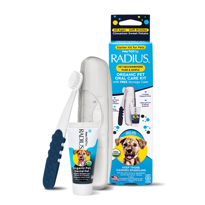 The Radius Canine Organic Dental Solutions Kit, All Ages, 3 CT, includes a blue-handled toothbrush, dog dental gel tube, and clear case. Packaging displays a dog along with product details.
