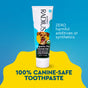 A tube of Radius USDA Organic Canine Toothpaste, featuring a happy dog on the label with a blue and yellow background. Text highlights: 100% canine-safe, zero harmful additives—an ideal choice for your dogs dental care.
