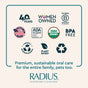 A lineup of logos showcases features like USDA organic, women-owned, B Corp certified, and 40 years in business. RADIUS offers premium, sustainable oral care for the whole family— including pets—with their USDA Organic Canine Toothpaste.
