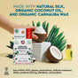 A package of Radius Natural Silk Floss is shown alongside coconut halves, a small oil bottle, and green leaves on a beige background, with text highlighting its natural and non-toxic ingredients. This plastic-free floss features pure silk dental floss from Radius, infused with organic coconut oil for a gentle and eco-friendly clean.