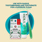 Natural Silk Floss by Radius, organic coconut oil floss, mint aloe neem toothpaste, and a green toothbrush are displayed together on a beige background, with text above recommending their combined use for a superior clean.
