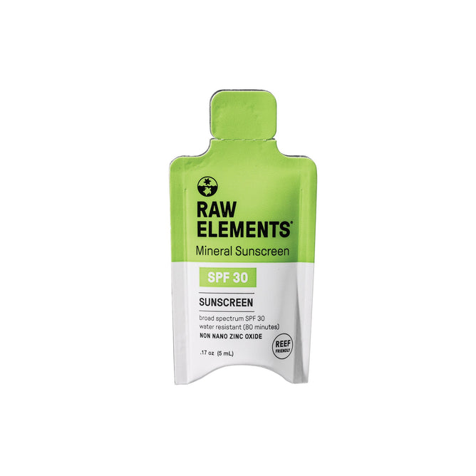 The Raw Elements Daily SPF30 - Sample is a small, eco-friendly green and white pouch containing 0.17 oz (5 ml) of reef-safe mineral sunscreen with non-nano zinc oxide for broad-spectrum protection.