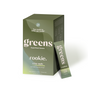 A green and olive Rookie Wellness Greens box labeled Superfood Greens in crisp apple flavor, shown with a single-serving stick pack. Highlights include daily fiber, immune-supporting antioxidants, and two weeks to better gut health.