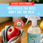 A hand wipes a red apple with a cloth beside Rebel Green Fruit & Veggie Clean Produce Wash Spray. Text: “Science-Based Formula: You picked the best, don’t eat the rest.” USDA Organic and eco-friendly plant-based labels are shown.