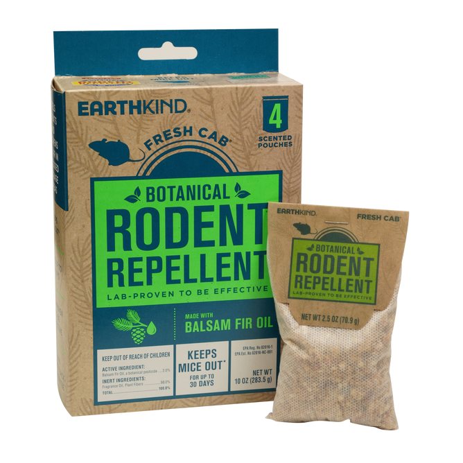 A box labeled Fresh Cab® Botanical Rodent Repellent by Earthkind with a scent pouch beside it. This botanical repellent uses balsam fir oil for no-kill rodent protection, keeping mice out for up to 30 days.
