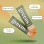 Two green and orange Rookie Wellness Greens + Superfood peach mango daily greens supplement stick packs are shown, with text bubbles highlighting “Support gut health,” “Stress & mood balance,” “Immune support,” and “Third party tested.”.