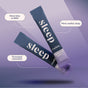 Two Sleep Powder Packets from Rookie Wellness are displayed diagonally on a purple gradient background, with text bubbles highlighting more time in REM, more restful sleep, promoted relaxation, plus support from magnesium and melatonin.
