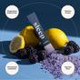 A Sleep Powder Packet by Rookie Wellness rests among lemons, blackberries, and purple powder. Four text bubbles highlight: magnesium bisglycinate, passion flower, microdosed melatonin, and valerian root for restful sleep.