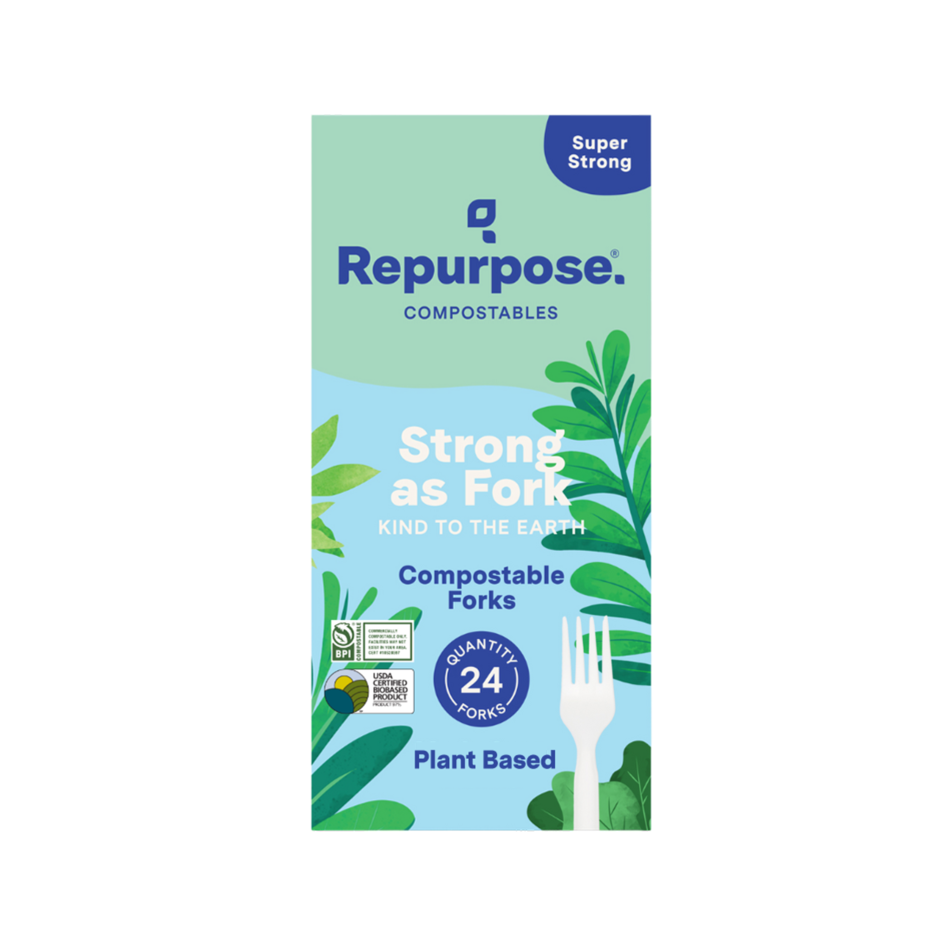 Repurpose Compostable Forks come in a box with green leaves and a white fork design. Each box includes 24 plant-based, BPA-free forks, emphasizing their super strength and compostable nature.