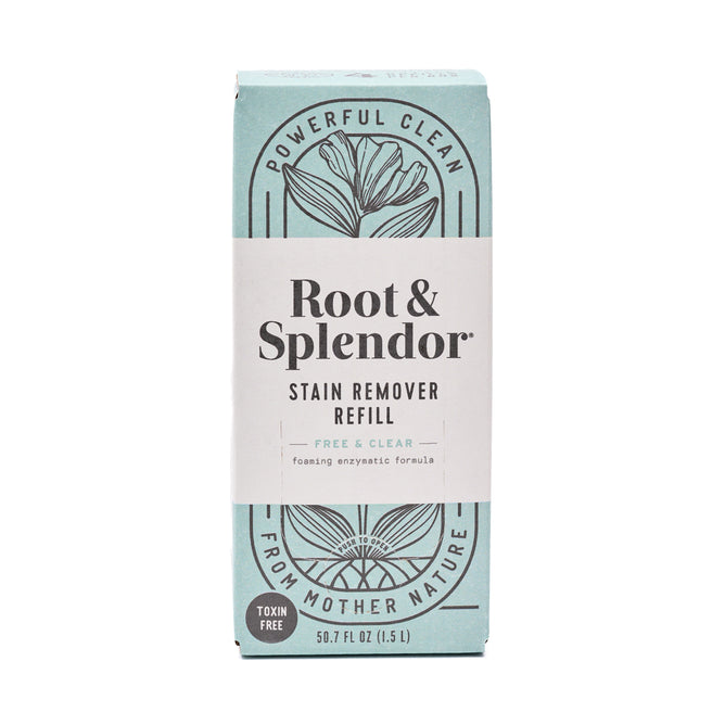 A blue and white 50.7 fl oz Root and Splendor Stain Remover Refill box features floral art and text: Powerful Clean, Free & Clear, Toxin Free, From Mother Nature. Eco-friendly packaging.