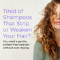 A woman with wavy, light brown hair stands against a tiled wall. Purple text reads, Tired of Shampoos That Strip or Weaken Your Hair? Black text below says, Try Tree To Tub’s Strengthening Shampoo Bar—sulfate-free for fuller-looking, nourished hair.