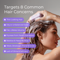 A woman uses the Tree To Tub Strengthening Shampoo Bar—sulfate-free for fuller-looking hair—creating a rich lather. Text lists 8 concerns: thin hair, oily scalp, flat volume, dryness, residue, buildup, weak strands, and dullness.