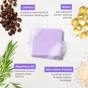 The Tree To Tub Strengthening Shampoo Bar in lavender sits on white tiles, surrounded by coffee beans, yellow capsules, rosemary, and rice. Text highlights caffeine, biotin, rosemary oil, and rice water protein for fuller-looking hair.