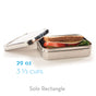 An open stainless steel EcoLunchBox Solo Rectangle holds a sandwich with lettuce and tomato. Text reads 29 oz, 3 1/3 cups—an eco-friendly lunch container ideal for zero-waste takeout meals.