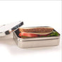 The EcoLunchBox Solo Rectangle, a stainless steel lunch box shown open with a brown bread sandwich, lettuce, tomato, and cheese inside—an eco-friendly option—set against a white background.