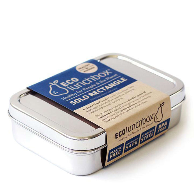 The EcoLunchBox Solo Rectangle is a rectangular stainless steel lunch box with a cardboard band. Plastic-free, BPA-free, and food-safe—ideal for zero-waste takeout and eco-friendly storage.