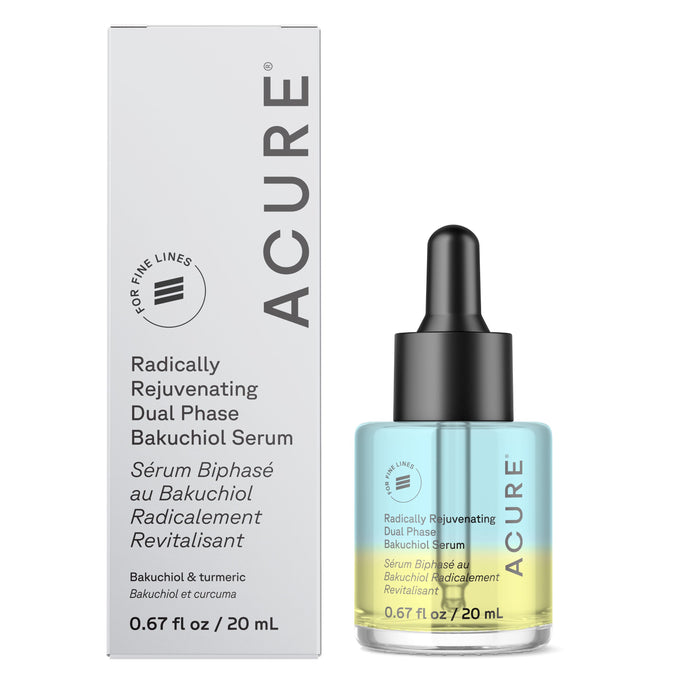 A 0.67 fl oz (20 mL) bottle of Acure Radically Rejuvenating Dual Phase Bakuchiol Serum, with vibrant yellow and blue layers and a black dropper, is displayed next to its white box.