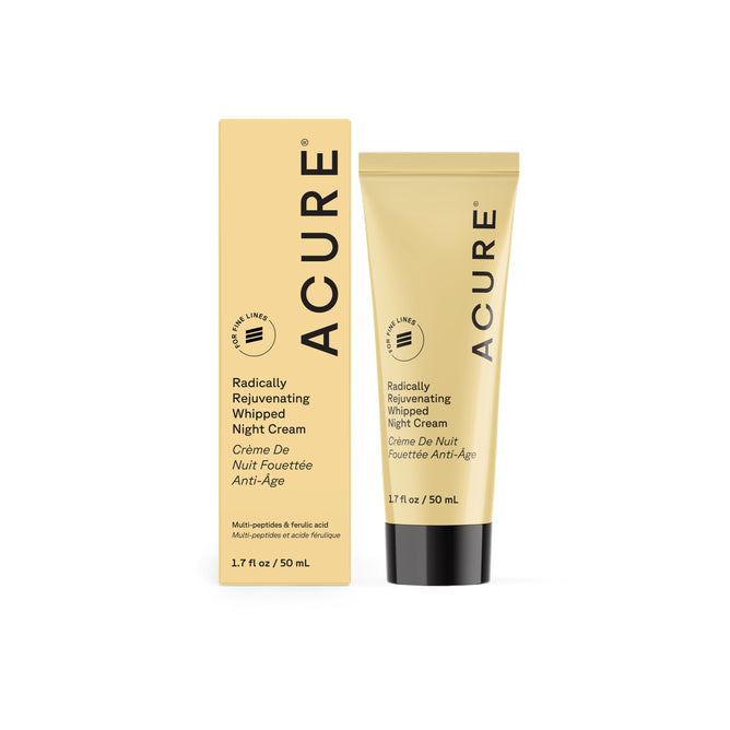 A tube and box of Acure Radically Rejuvenating Whipped Night Cream, 1.7 fl oz/50 mL, shown upright with English and French text on pale yellow packaging—ideal for a rejuvenating anti-aging skincare routine.