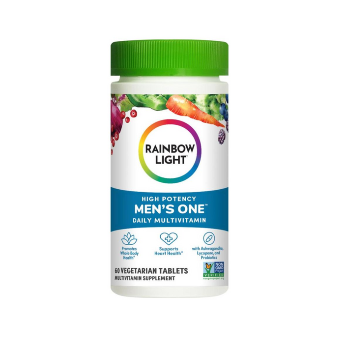 A 60-count bottle of Rainbow Light Mens One multivitamin features a green cap and a label with colorful fruits and vegetables, highlighting high potency plus heart and immune health support.