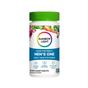 Rainbow Light Mens One, 120 ct, features a green cap and blue label with fruit and vegetable images. This high potency daily multivitamin supports immune function and contains 120 vegetarian tablets.