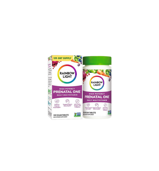 Rainbow Light Prenatal One, 120 ct bottle and box, provides a 120-day supply of prenatal vitamins and minerals for pregnancy support, shown on a white background.