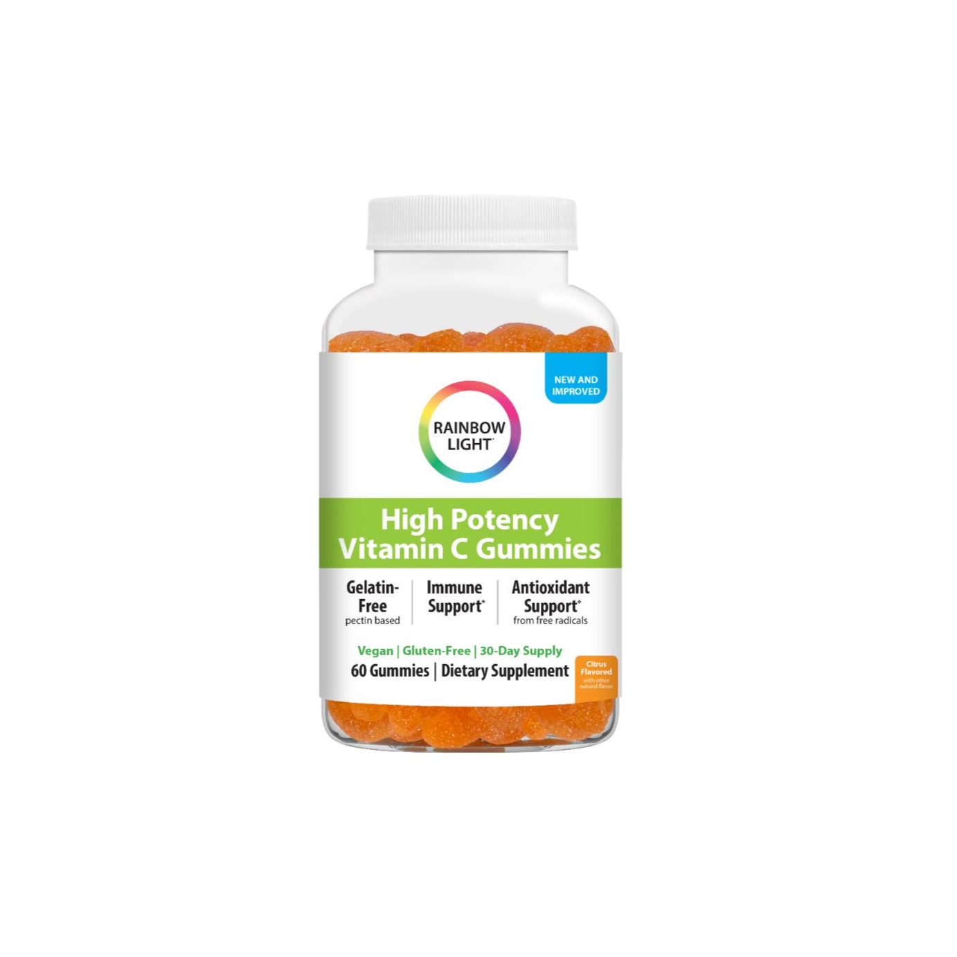 Rainbow Light Vitamin C Gummies, 60 ct, feature orange-flavored gummies. The label highlights antioxidant and immune support. Vegan, gluten-free, and gelatin-free.